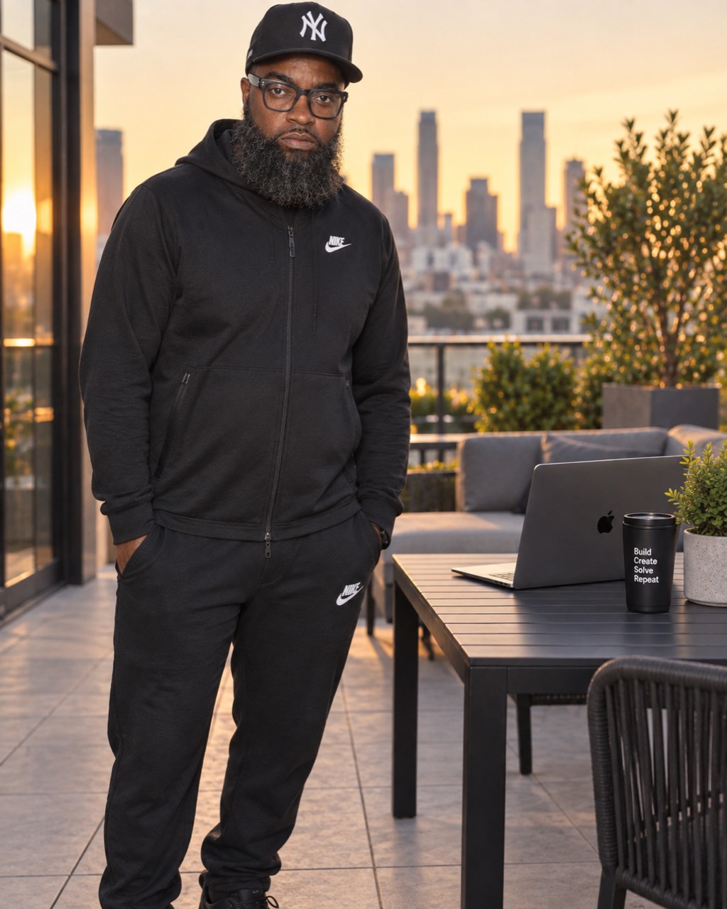 Corey Arnold, co-founder and CTO of Love Salone, in his black Nike tech suit on a rooftop terrace