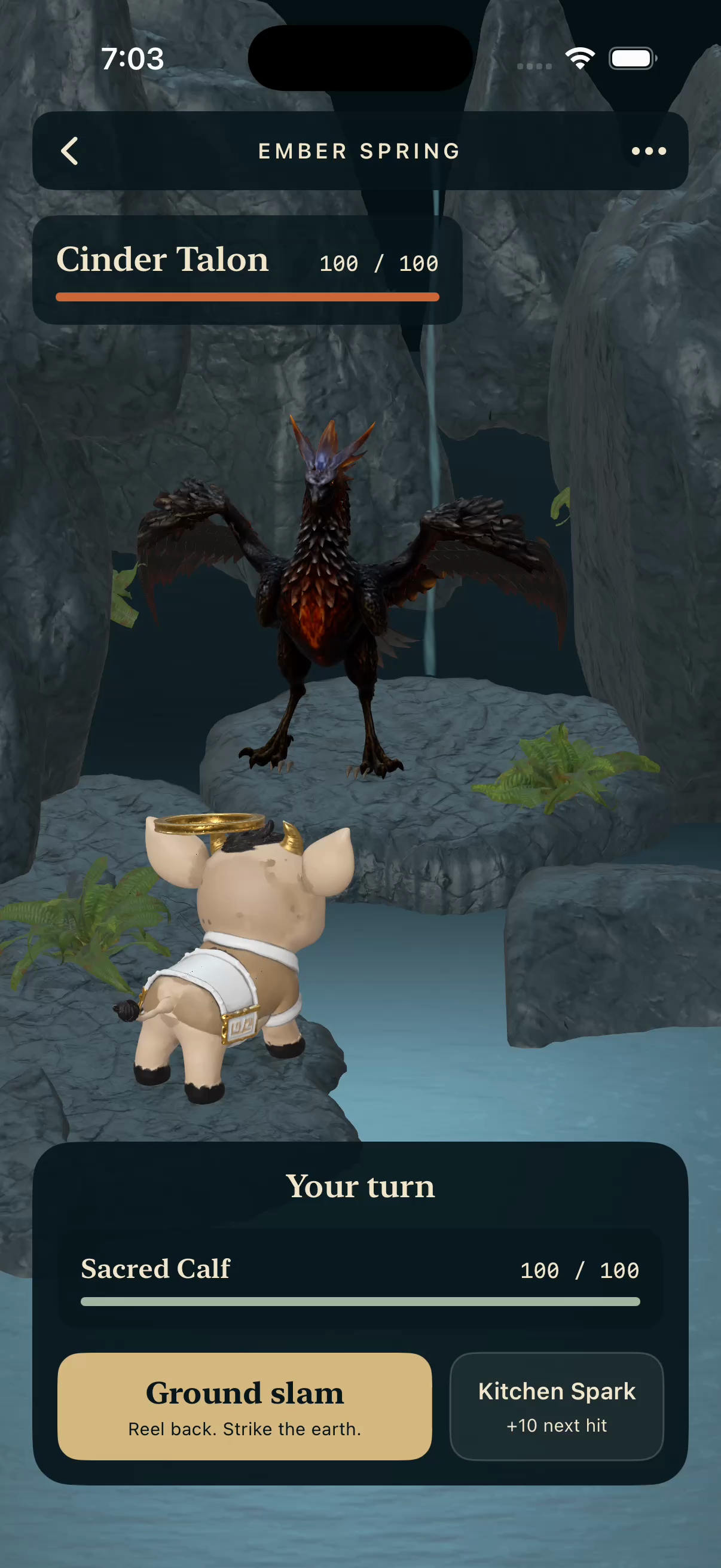 3D Sacred Calf facing Cinder Talon in the Ember Spring demo