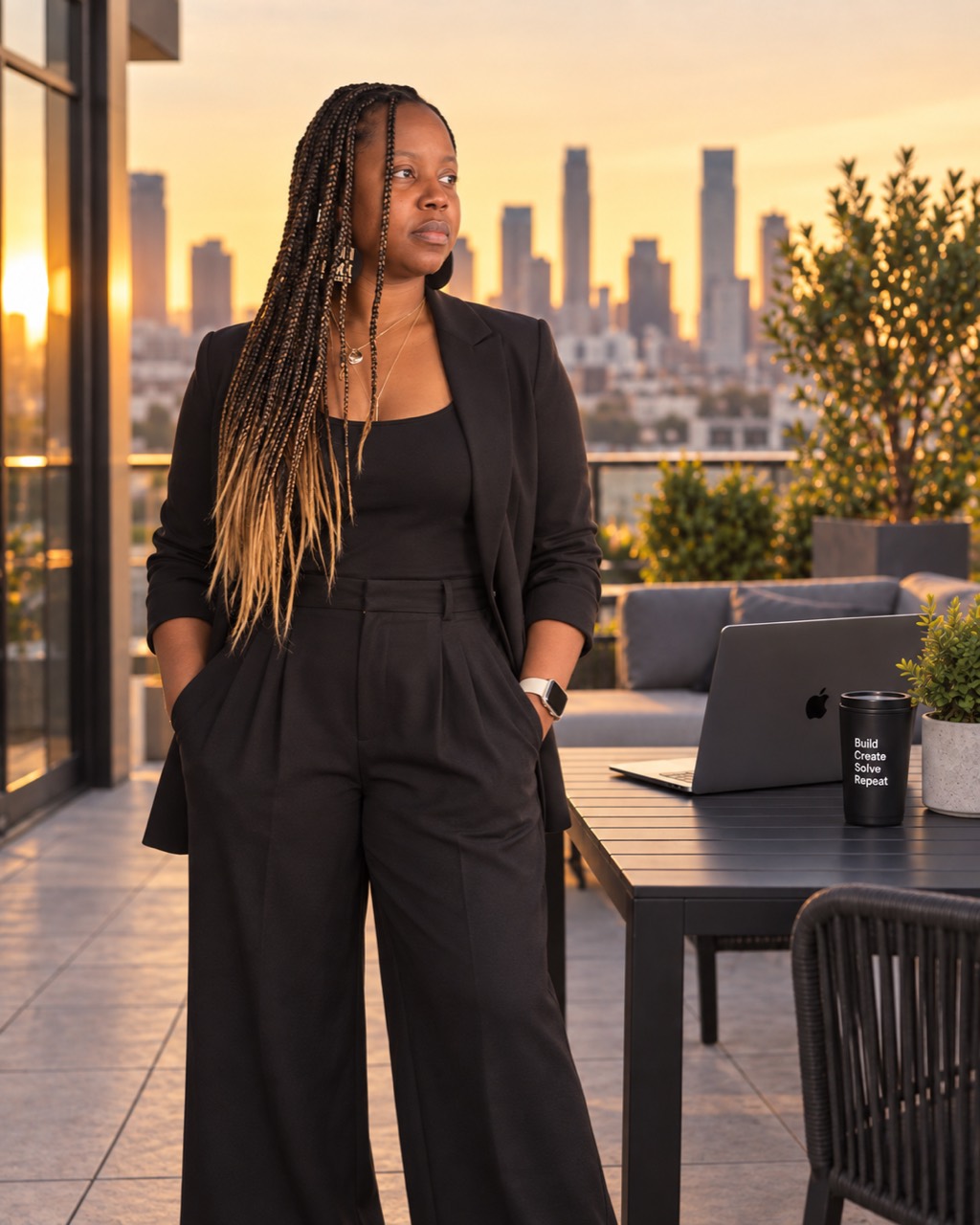 Melinda Arnold, Founder and CEO of Love Salone, in a black blazer on a rooftop terrace