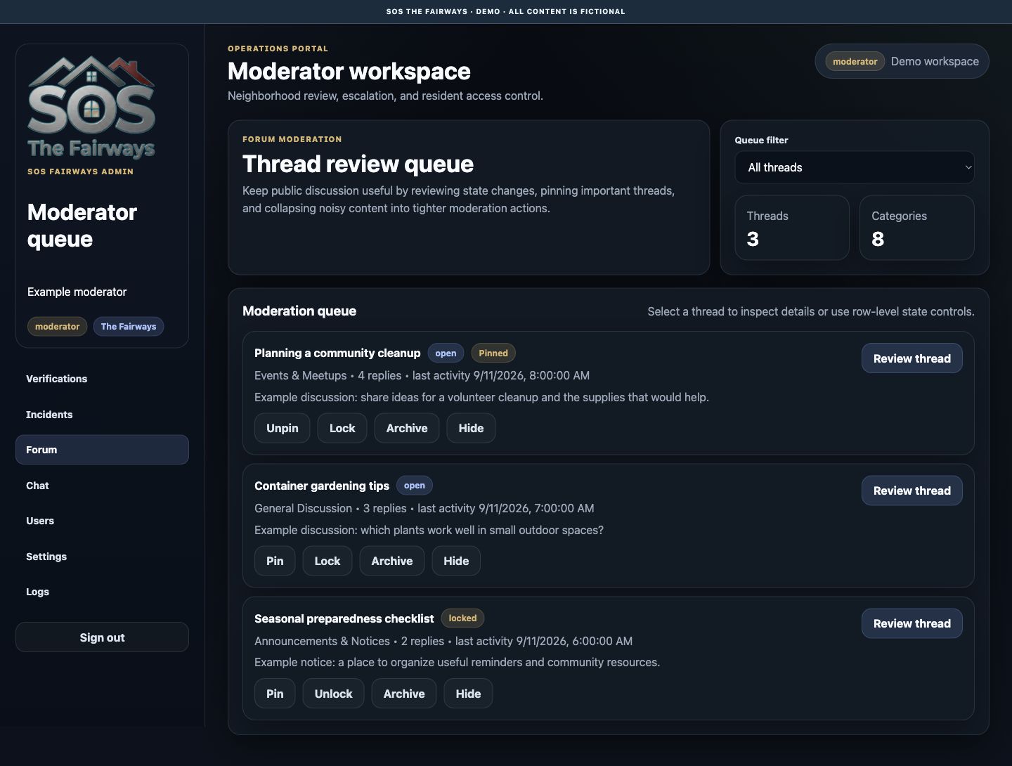 Web moderator image showing topic queue, state filters and pin controls