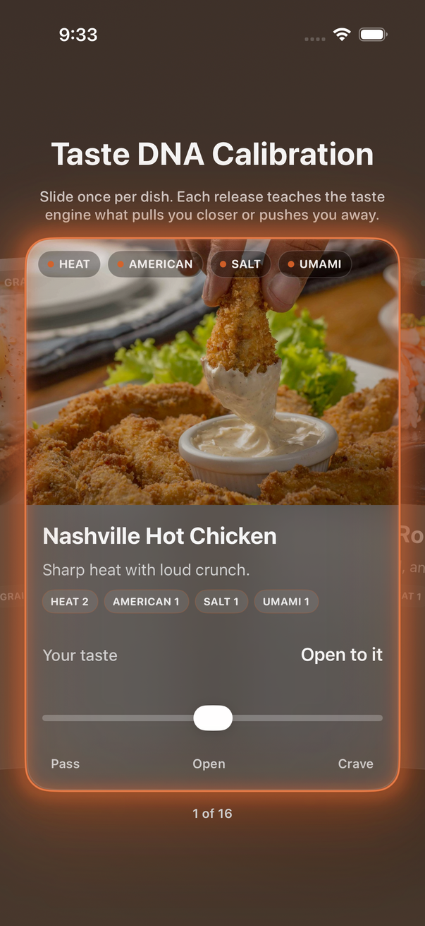 Full native Taste DNA Calibration screen with illustrative food and the dot-free rating control