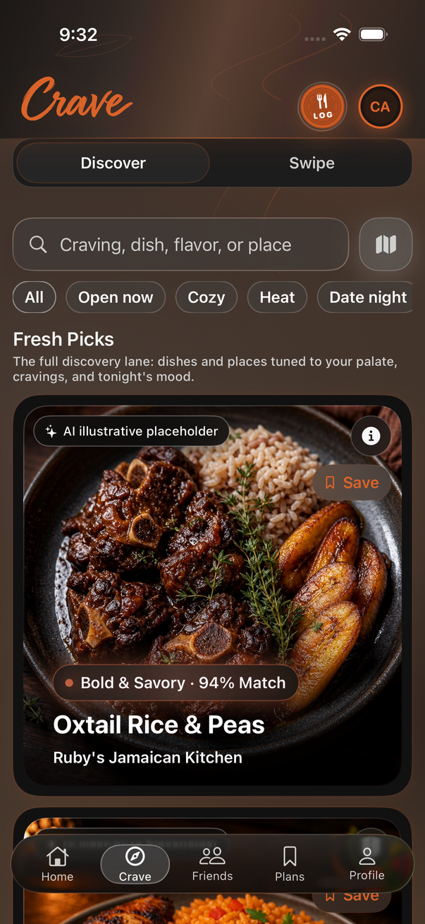Current native TasteTwins Crave screen in Ember mode with illustrative food and sample scores