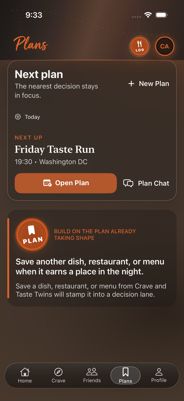 Native iOS bring a plan together screen in Ember mode with sample content
