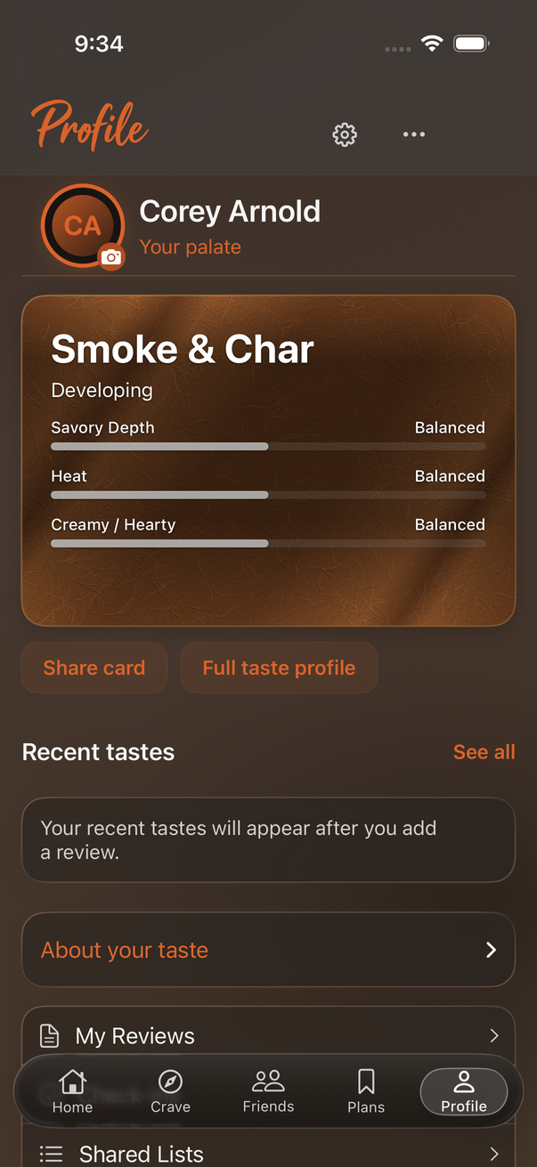 Native iOS see your taste identity screen in Ember mode with sample content