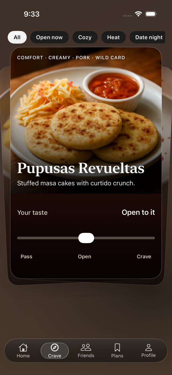 Current native TasteTwins Swipe screen showing the dot-free rating control with illustrative food